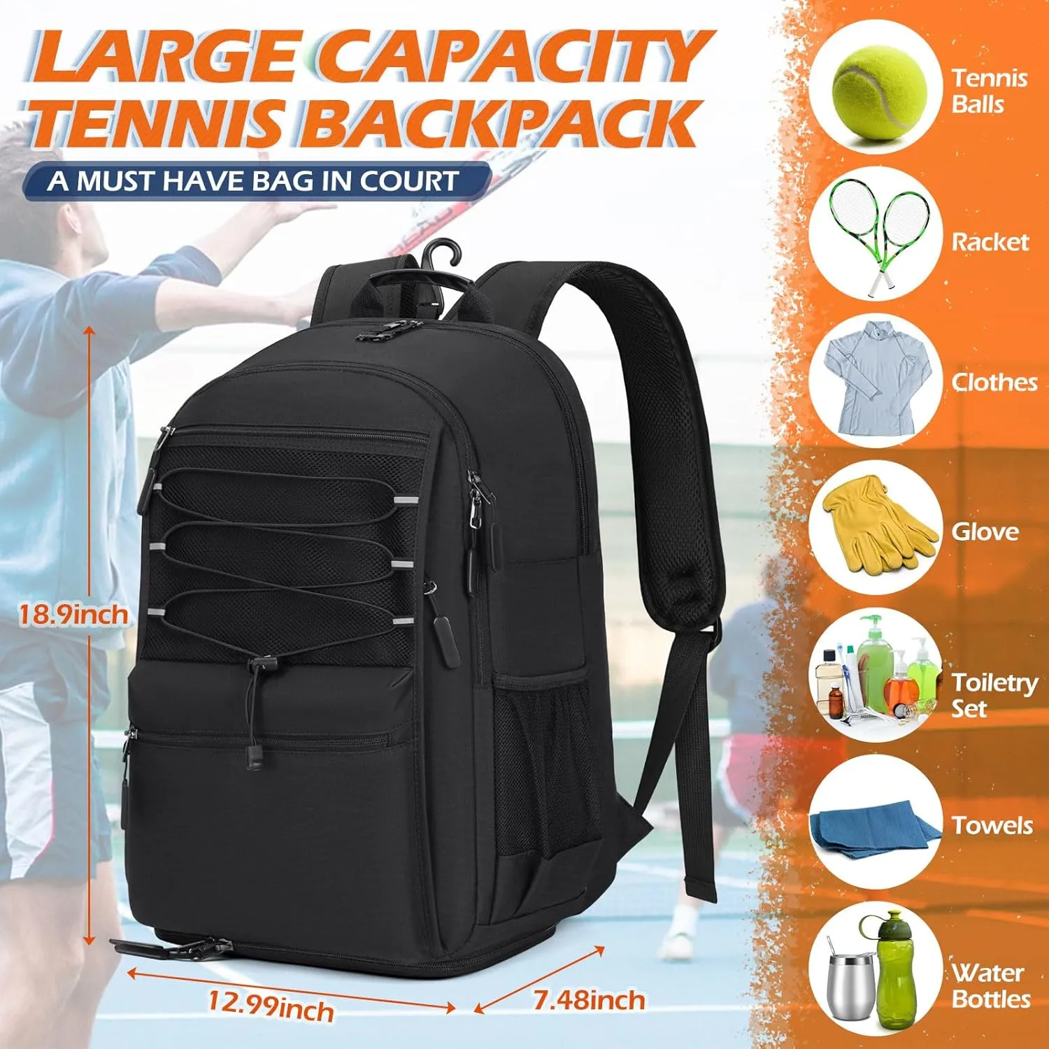 IGOLUMON Tennis Bag Tennis Backpack for Women and Men Racket Bags Holds 2 Racket Insulated Pocket Ventilated Shoe Compartment
