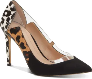 INC Womens Black Animal Print Mixed-Media Leopard Translucent Paneling Cushioned Khione Pointed Toe Stiletto Slip On Leather Pumps Shoes 6.5 M