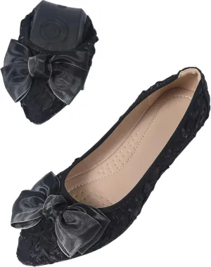 INEELUYI Women's Slip on Foldable Ballet Flats Bow Pointy Toe Comfortable Walking Flat Shoes