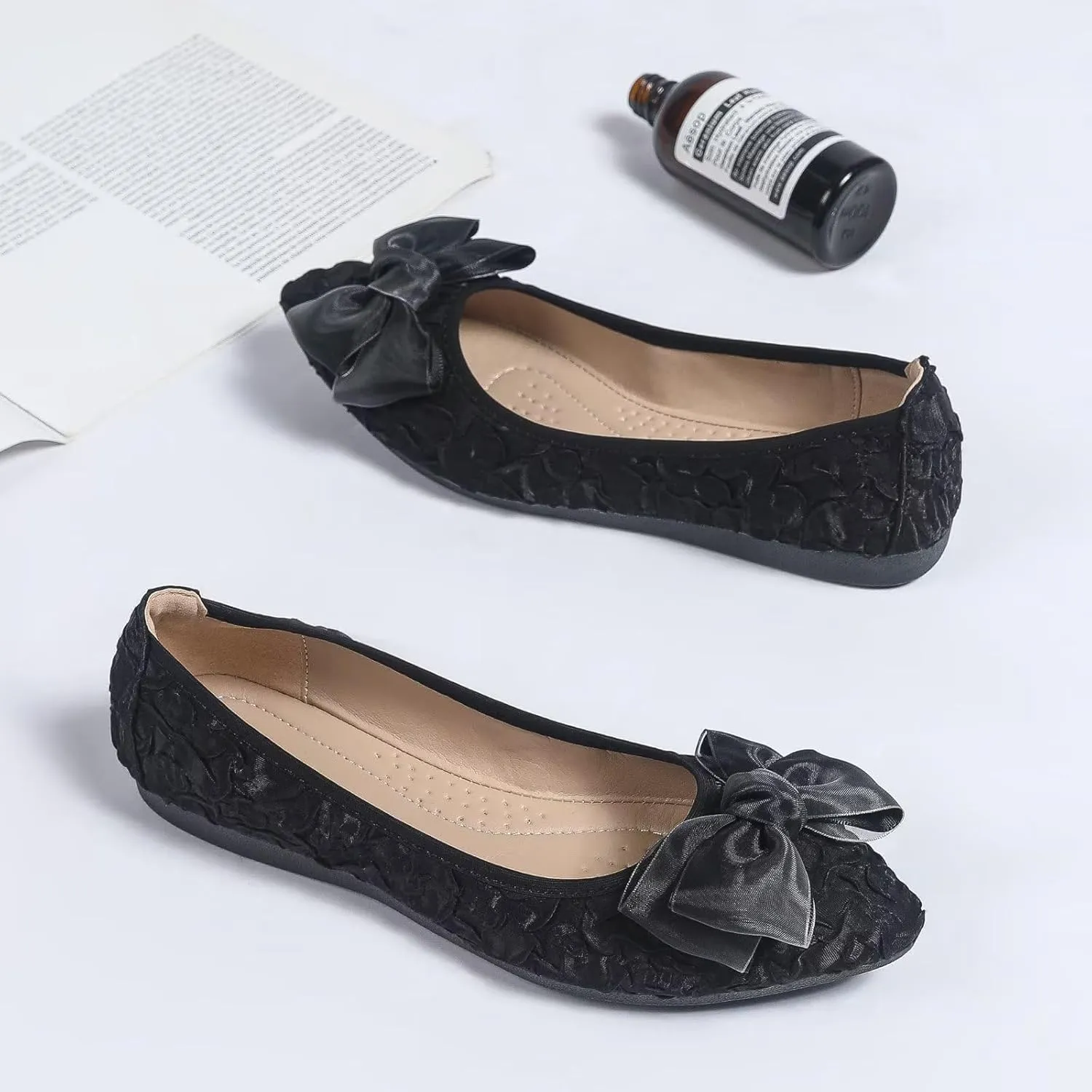 INEELUYI Women's Slip on Foldable Ballet Flats Bow Pointy Toe Comfortable Walking Flat Shoes