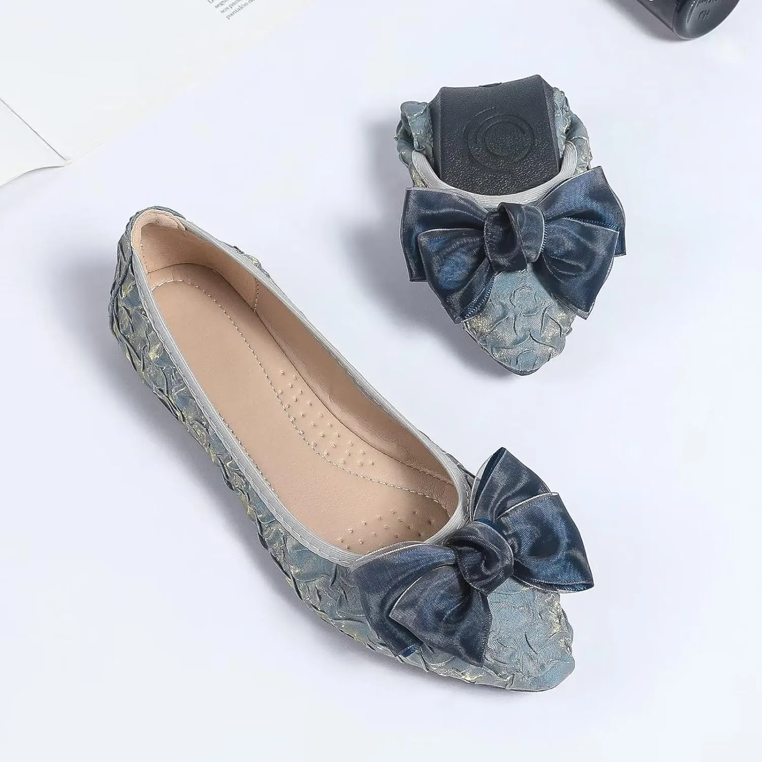 INEELUYI Women's Slip on Foldable Ballet Flats Bow Pointy Toe Comfortable Walking Flat Shoes