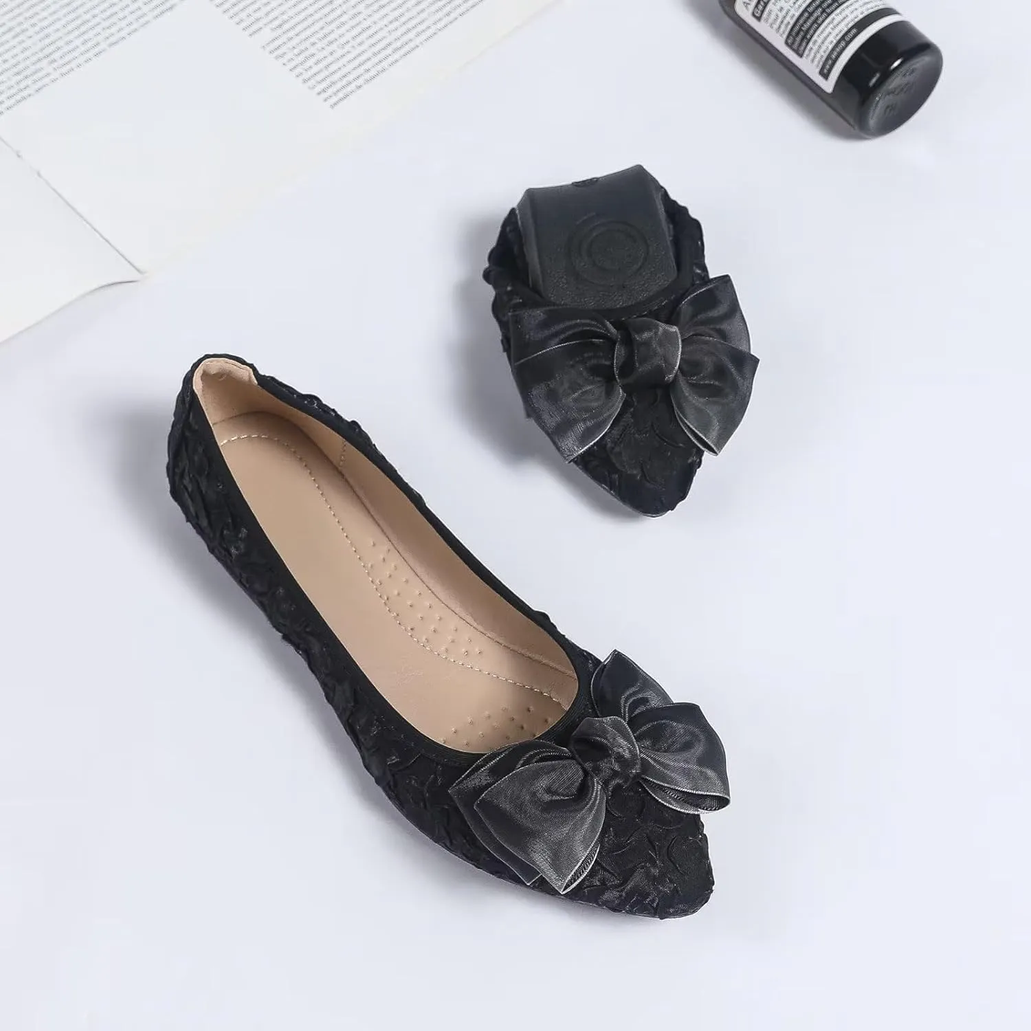 INEELUYI Women's Slip on Foldable Ballet Flats Bow Pointy Toe Comfortable Walking Flat Shoes