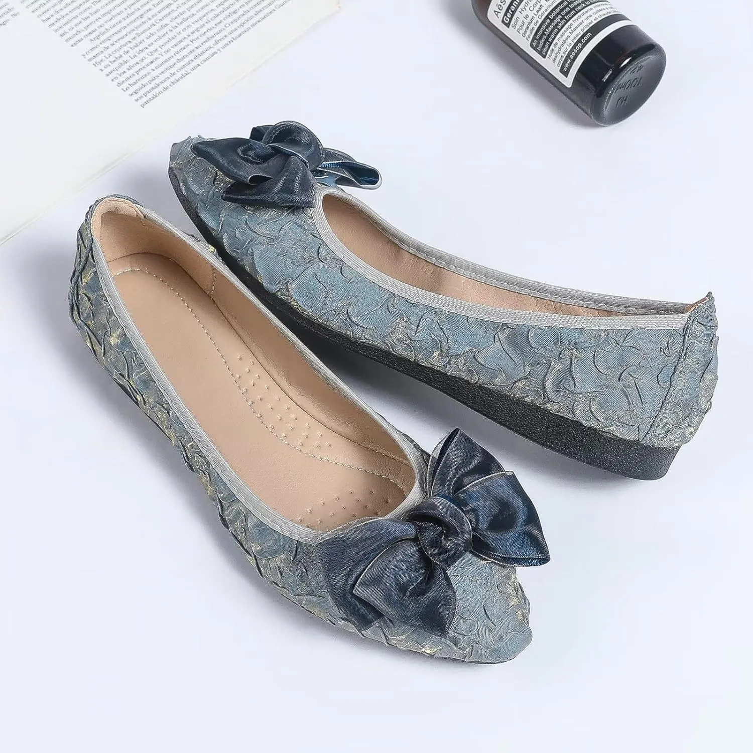 INEELUYI Women's Slip on Foldable Ballet Flats Bow Pointy Toe Comfortable Walking Flat Shoes
