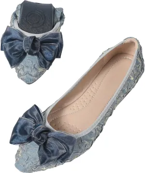 INEELUYI Women's Slip on Foldable Ballet Flats Bow Pointy Toe Comfortable Walking Flat Shoes