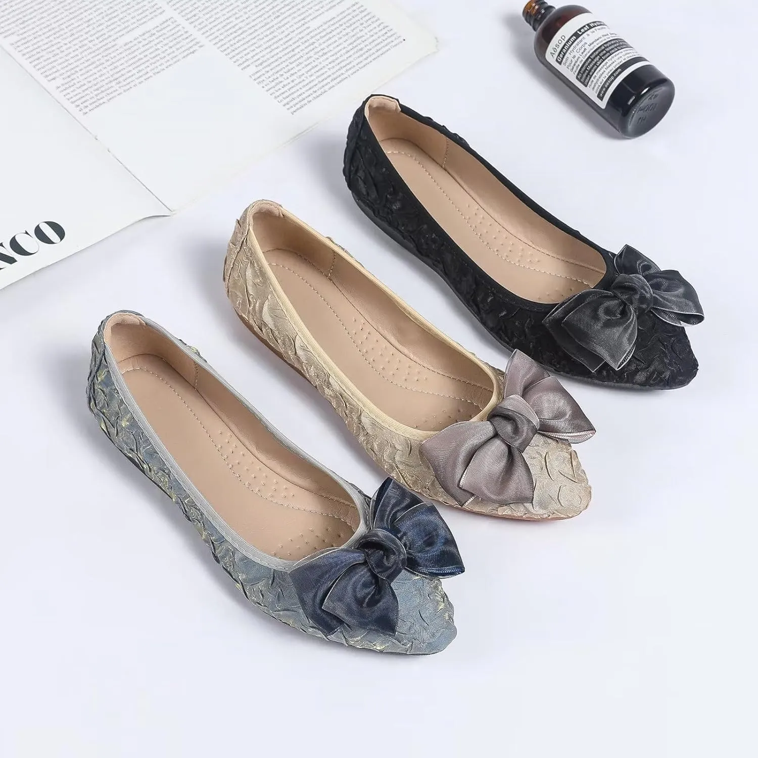 INEELUYI Women's Slip on Foldable Ballet Flats Bow Pointy Toe Comfortable Walking Flat Shoes