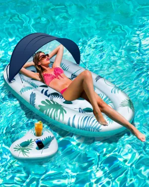 Inflatable Pool Rafts and Floats for Adults Heavy Duty with Canopy and Cup Holder Tanning Lounger Floating for Lake Swimming Water Party Games Toys