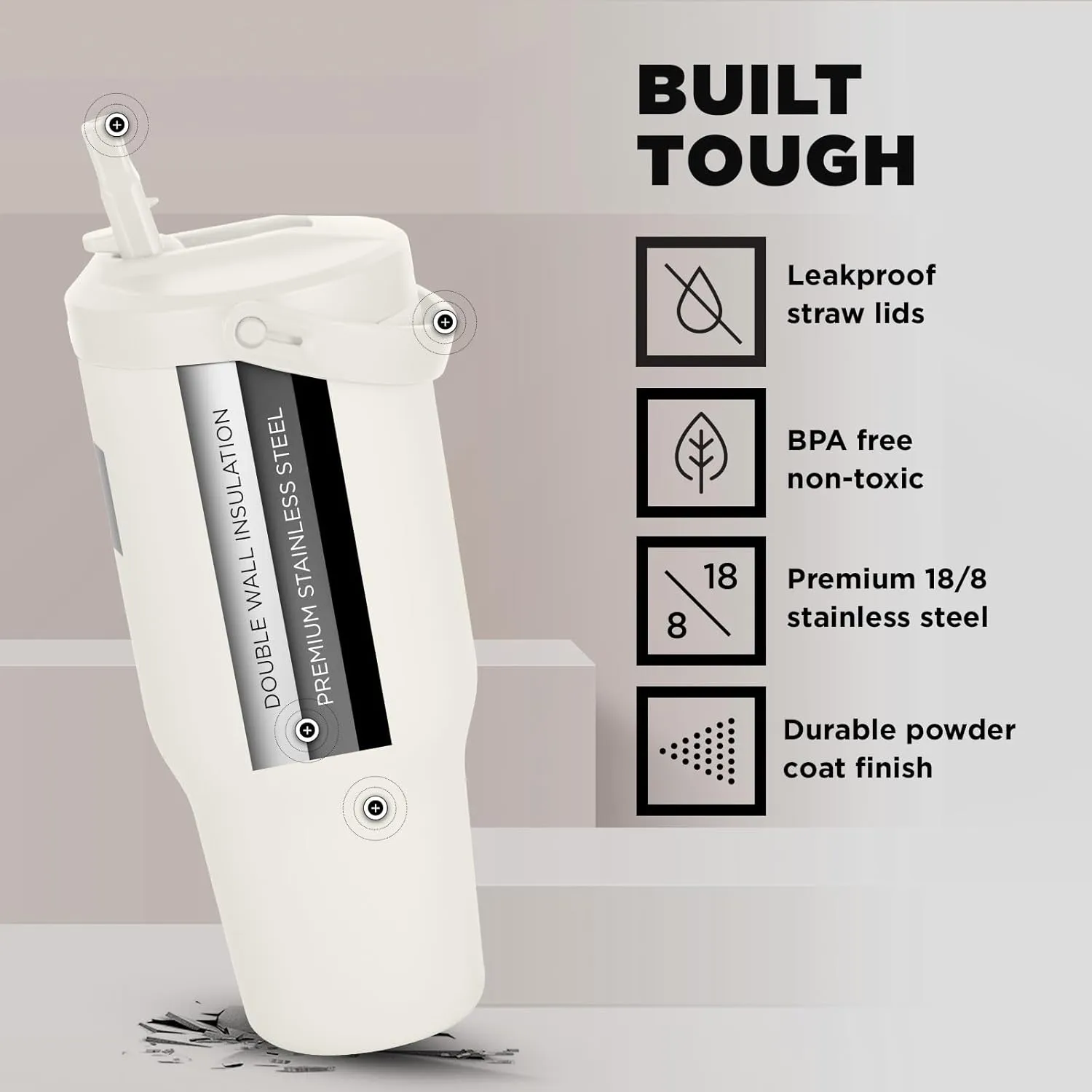 IRON °FLASK Sidekick Insulated Water Tumbler with Straw & Foldable Handle -Stainless Steel Leak-Proof Bottle, Non-Slip Base & Fits Cup Holders for Hot, Cold Drinks - Travel Mug - 30 Oz, Cashmere Cream