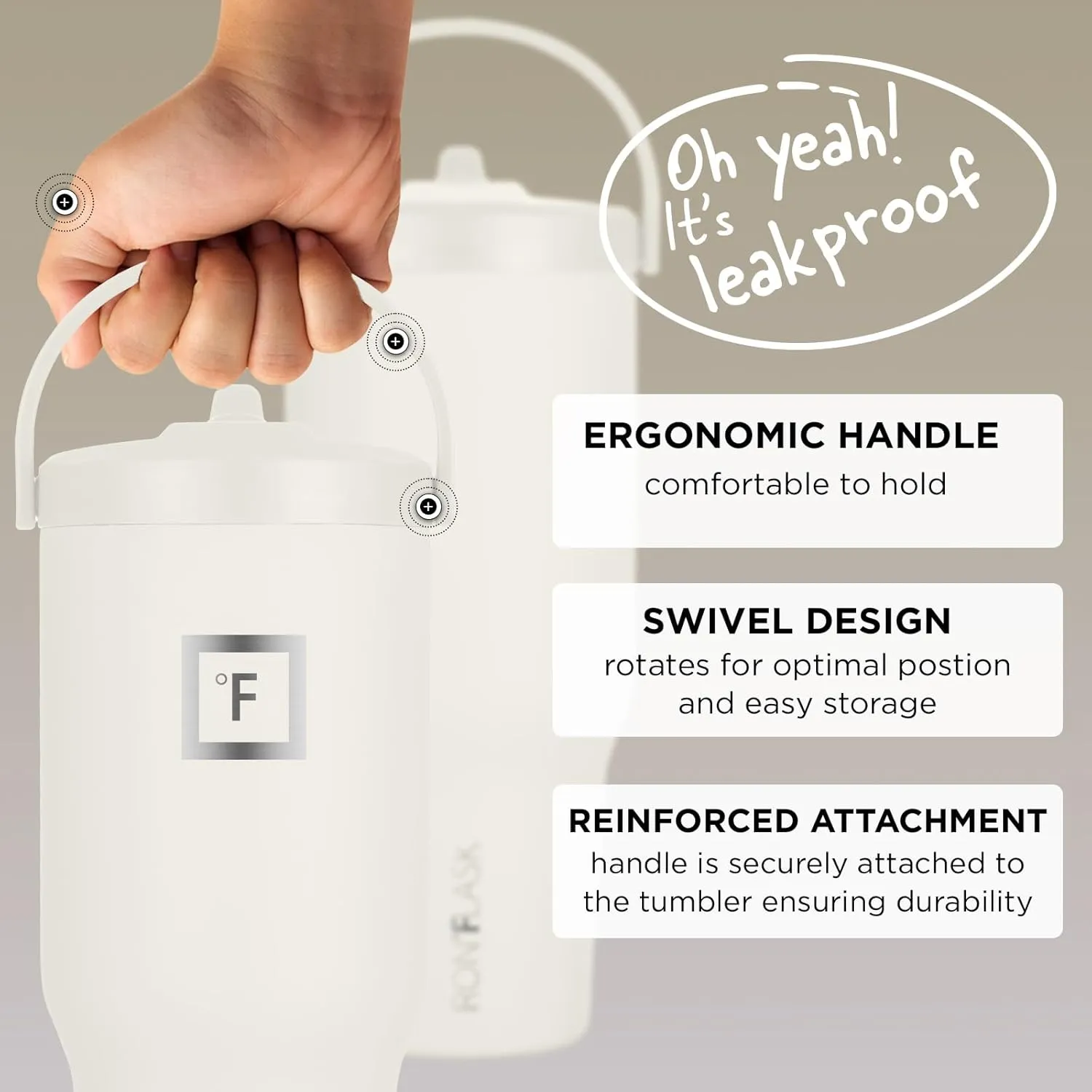 IRON °FLASK Sidekick Insulated Water Tumbler with Straw & Foldable Handle -Stainless Steel Leak-Proof Bottle, Non-Slip Base & Fits Cup Holders for Hot, Cold Drinks - Travel Mug - 30 Oz, Cashmere Cream
