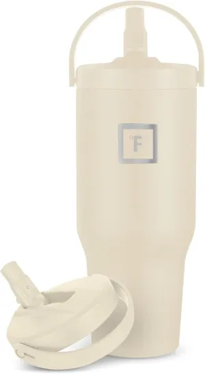 IRON °FLASK Sidekick Insulated Water Tumbler with Straw & Foldable Handle -Stainless Steel Leak-Proof Bottle, Non-Slip Base & Fits Cup Holders for Hot, Cold Drinks - Travel Mug - 30 Oz, Cashmere Cream