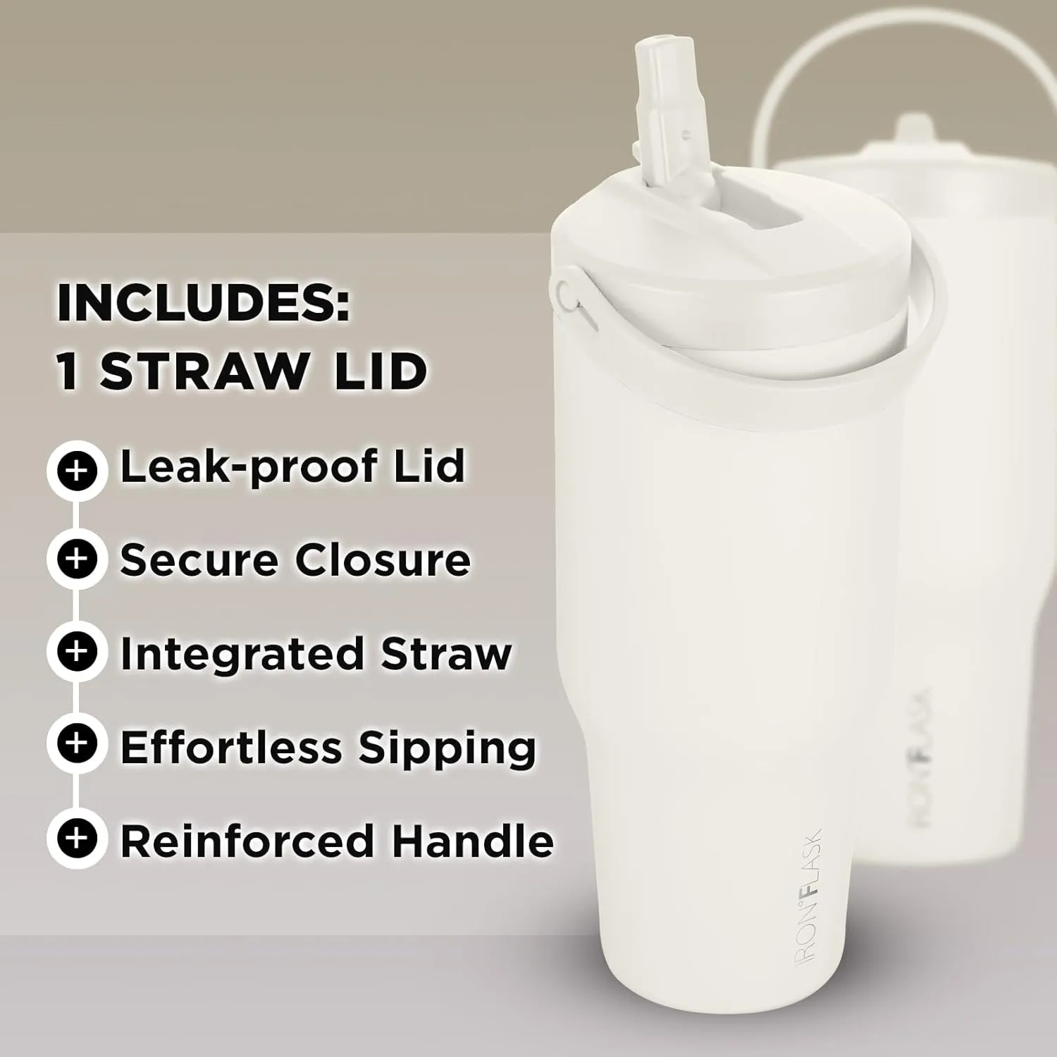 IRON °FLASK Sidekick Insulated Water Tumbler with Straw & Foldable Handle -Stainless Steel Leak-Proof Bottle, Non-Slip Base & Fits Cup Holders for Hot, Cold Drinks - Travel Mug - 30 Oz, Cashmere Cream