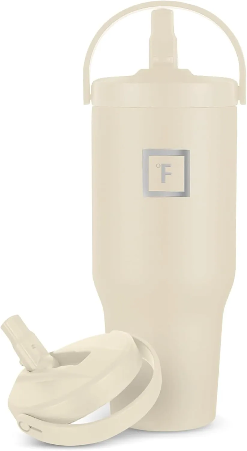 IRON °FLASK Sidekick Insulated Water Tumbler with Straw & Foldable Handle -Stainless Steel Leak-Proof Bottle, Non-Slip Base & Fits Cup Holders for Hot, Cold Drinks - Travel Mug - 30 Oz, Cashmere Cream