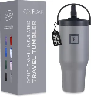 IRON °FLASK Sidekick Insulated Water Tumbler w/Straw & Foldable Handle-Stainless Steel Leak-Proof Bottle, Non-Slip Base, Fits Cup Holders for Hot, Cold Drinks -Travel Mug - 30 Oz, Graphite Slate