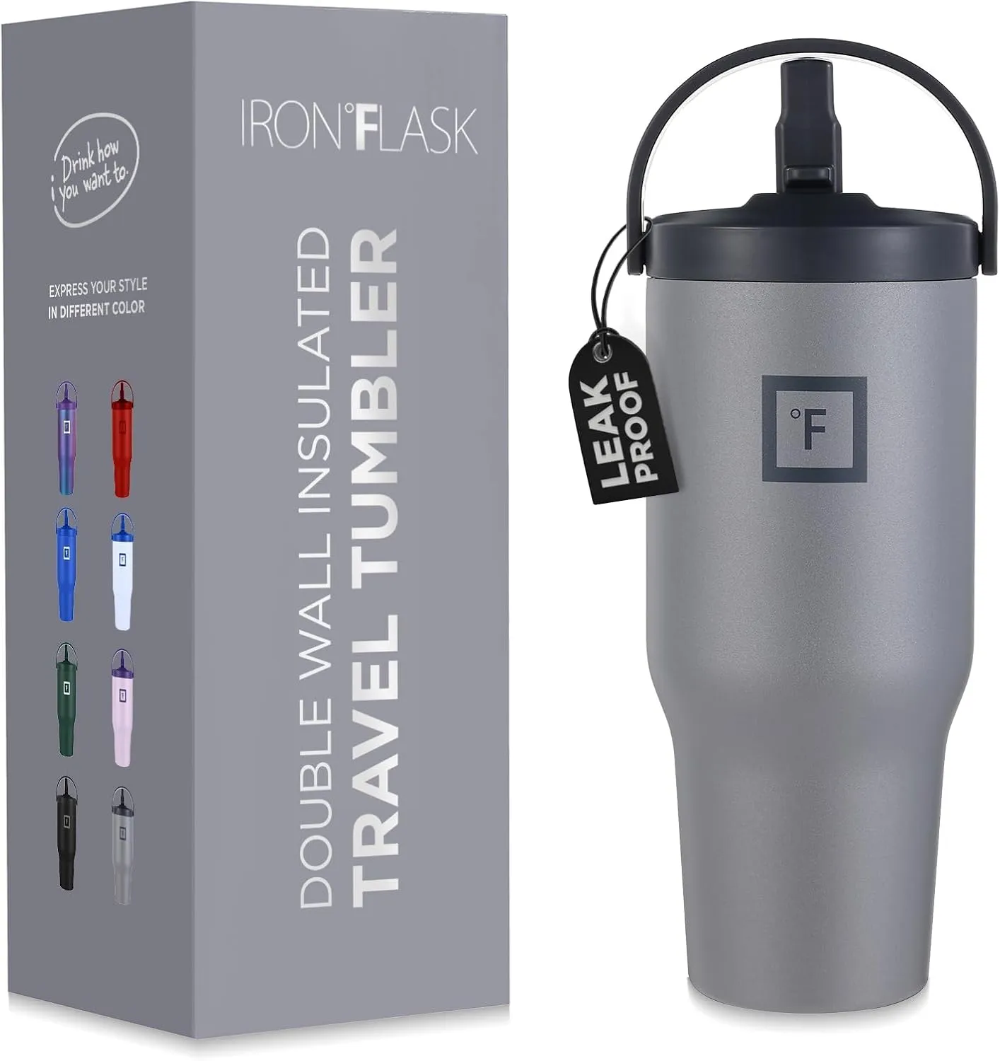 IRON °FLASK Sidekick Insulated Water Tumbler w/Straw & Foldable Handle-Stainless Steel Leak-Proof Bottle, Non-Slip Base, Fits Cup Holders for Hot, Cold Drinks -Travel Mug - 30 Oz, Graphite Slate