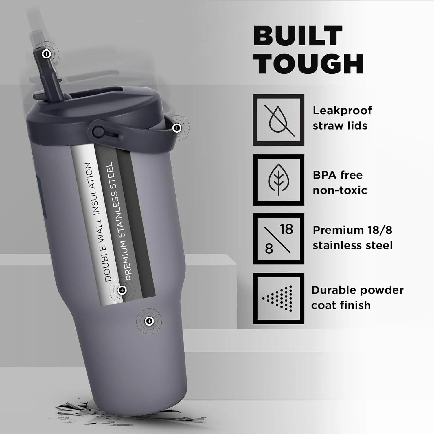 IRON °FLASK Sidekick Insulated Water Tumbler w/Straw & Foldable Handle-Stainless Steel Leak-Proof Bottle, Non-Slip Base, Fits Cup Holders for Hot, Cold Drinks -Travel Mug - 30 Oz, Graphite Slate