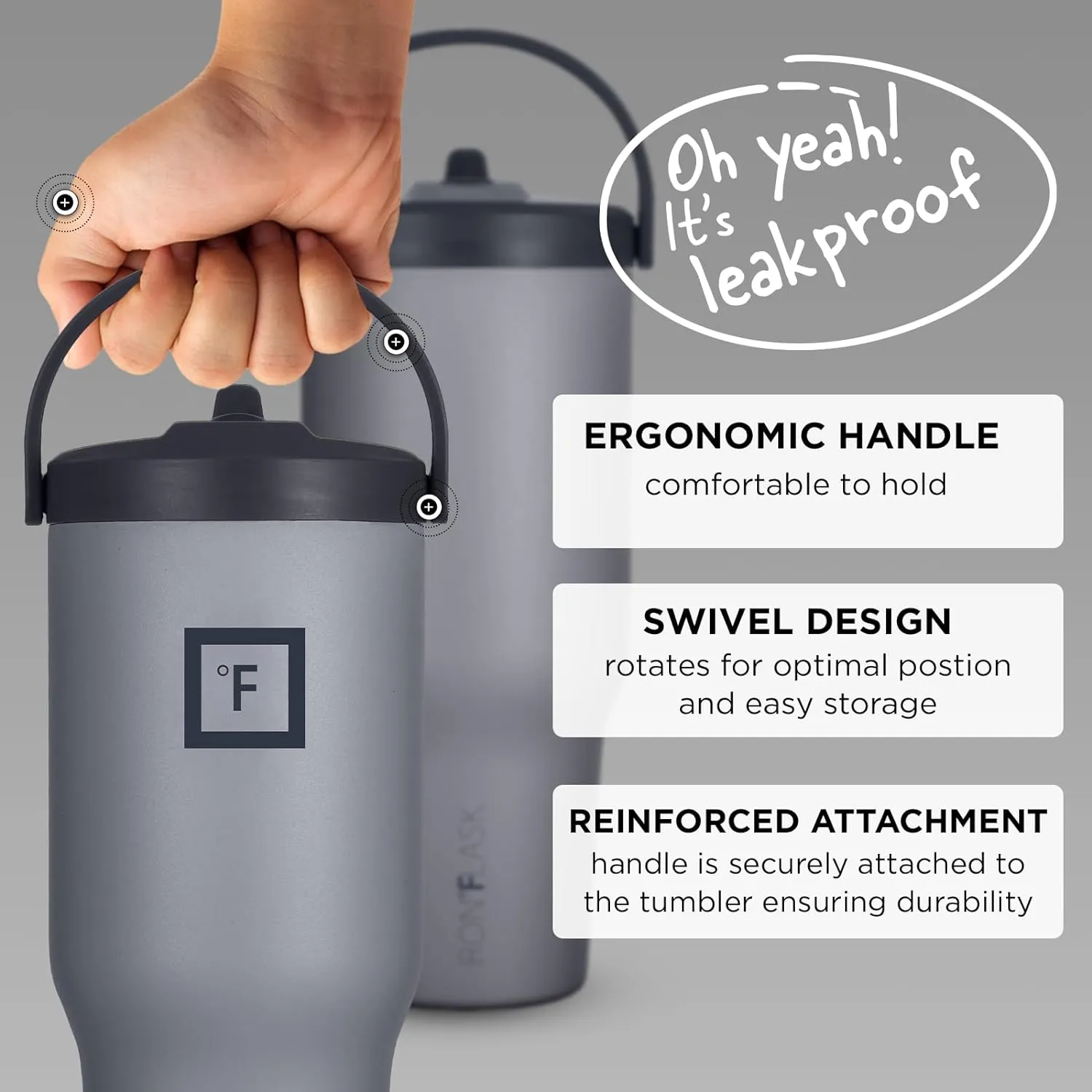 IRON °FLASK Sidekick Insulated Water Tumbler w/Straw & Foldable Handle-Stainless Steel Leak-Proof Bottle, Non-Slip Base, Fits Cup Holders for Hot, Cold Drinks -Travel Mug - 30 Oz, Graphite Slate