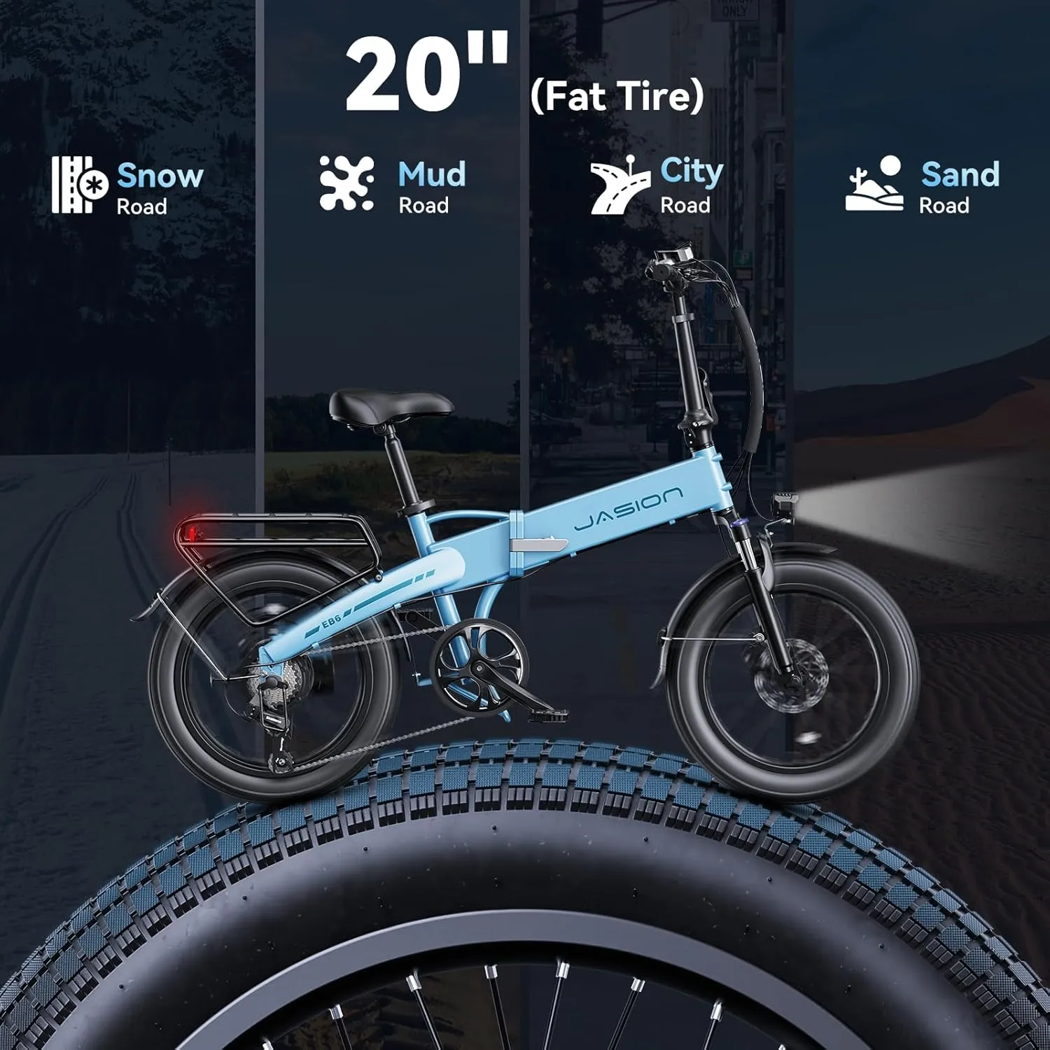 Jasion Electric Bike for Adults, 1000W Peak Motor up to 25MPH Top Speed, Aluminum 20'' Fat Tire Electric Bike Built-in 48V Removable Battery with 55 Max Miles Ebike, EBS Folding Ebikes for Adults