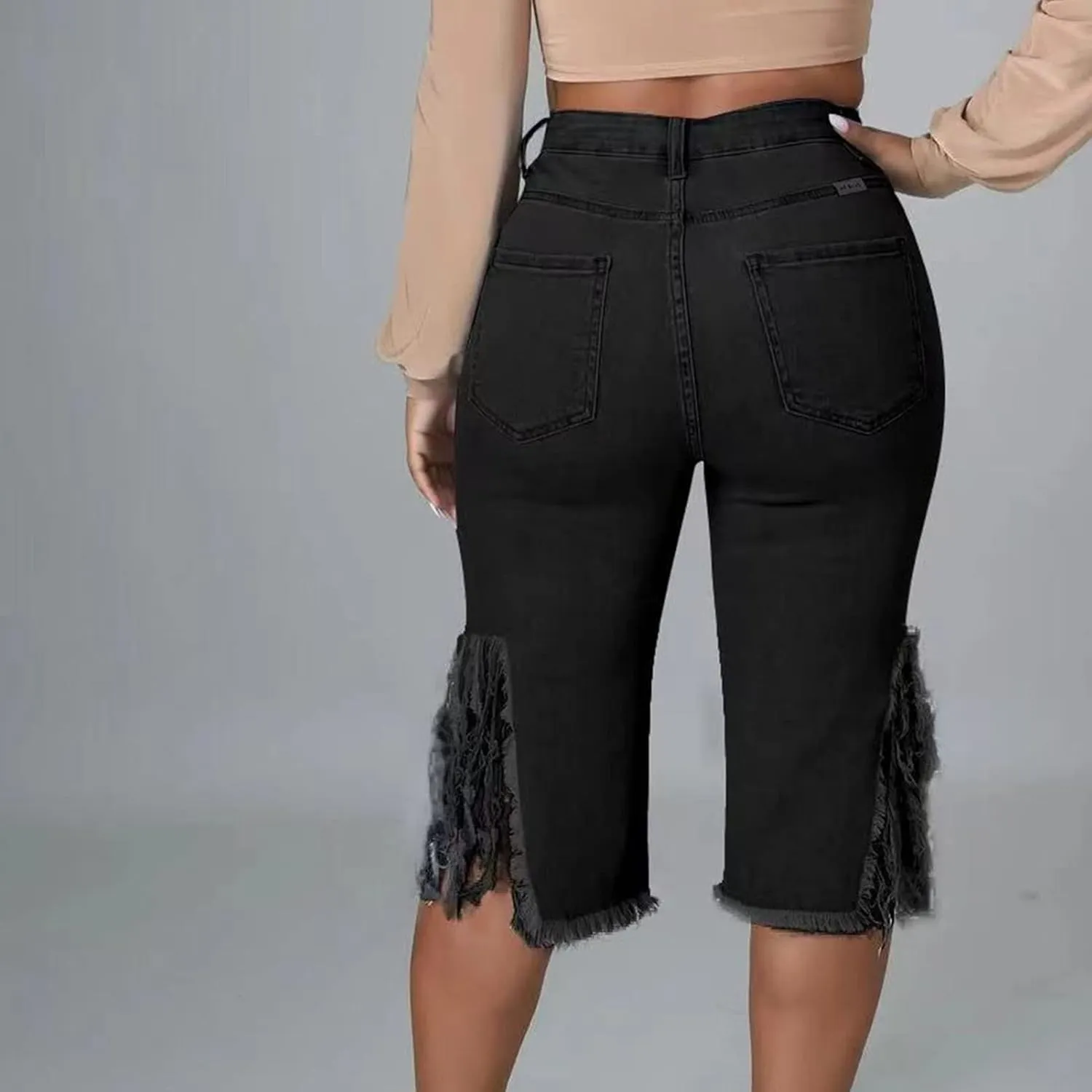JEKE-DG Stretchy Frayed Raw Hem Denim Shorts for Women Distressed Sexy Ripped Jean Shorts Summer High Waisted Jean Shorts