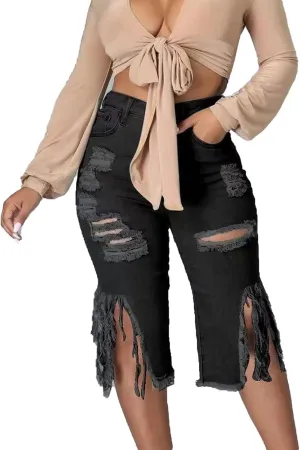 JEKE-DG Stretchy Frayed Raw Hem Denim Shorts for Women Distressed Sexy Ripped Jean Shorts Summer High Waisted Jean Shorts