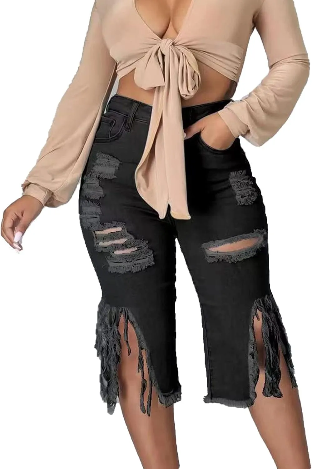 JEKE-DG Stretchy Frayed Raw Hem Denim Shorts for Women Distressed Sexy Ripped Jean Shorts Summer High Waisted Jean Shorts