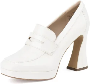 JENN ARDOR Women's Platform Loafer Heels Square Closed Toe Chunky Block High Penny Loafers Pumps Elegant Comfort Casual Slip On Wedding Dress Shoes