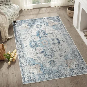 jinchan Area Rug 3x5 Washable Entryway Rug Vintage Indoor Doormat Distressed Thin Mat Lightweight Non-Slip Stain Resistant Low Pile Carpet for Kitchen Living Room Bedroom Dining Room Office Blue