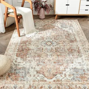 jinchan Area Rug 3x5 Washable Entryway Rug Vintage Indoor Doormat Distressed Thin Mat Lightweight Non-Slip Stain Resistant Low Pile Carpet for Kitchen Living Room Bedroom Dining Room Office Brick Red