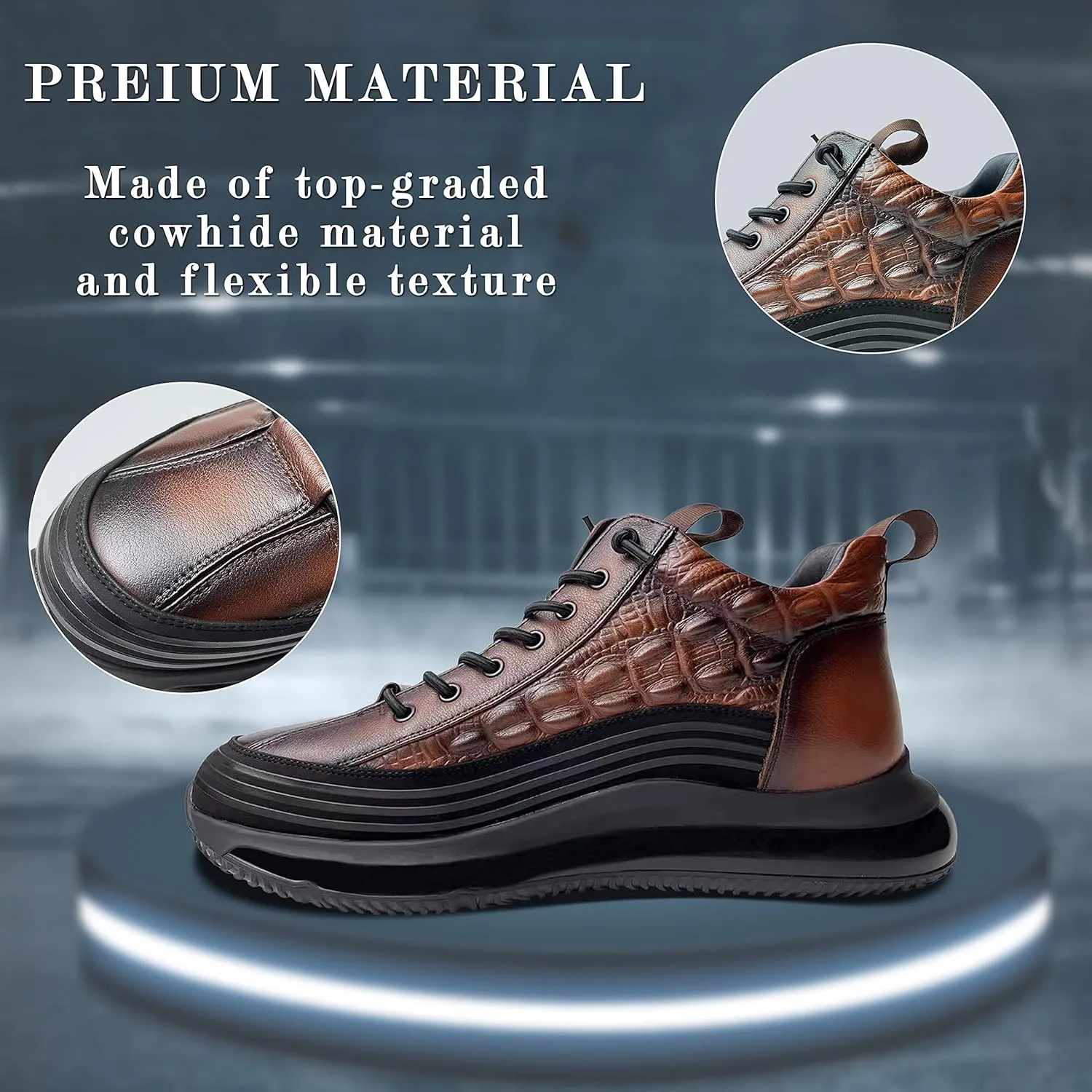 JishinGal Men's Slip-on Leather Sneakers Non-Slip Casual Fashion Height Increasing Cowhide Crocodile Print Sneakers