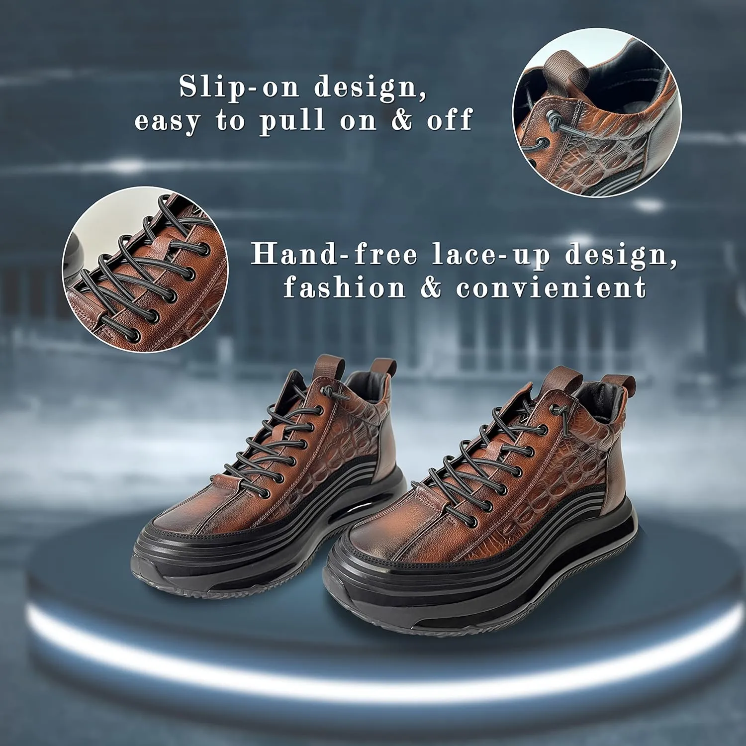 JishinGal Men's Slip-on Leather Sneakers Non-Slip Casual Fashion Height Increasing Cowhide Crocodile Print Sneakers