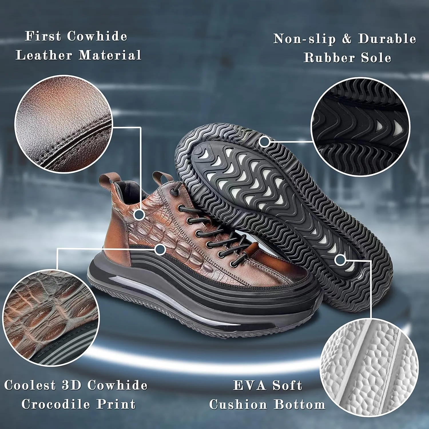 JishinGal Men's Slip-on Leather Sneakers Non-Slip Casual Fashion Height Increasing Cowhide Crocodile Print Sneakers