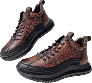 JishinGal Men's Slip-on Leather Sneakers Non-Slip Casual Fashion Height Increasing Cowhide Crocodile Print Sneakers