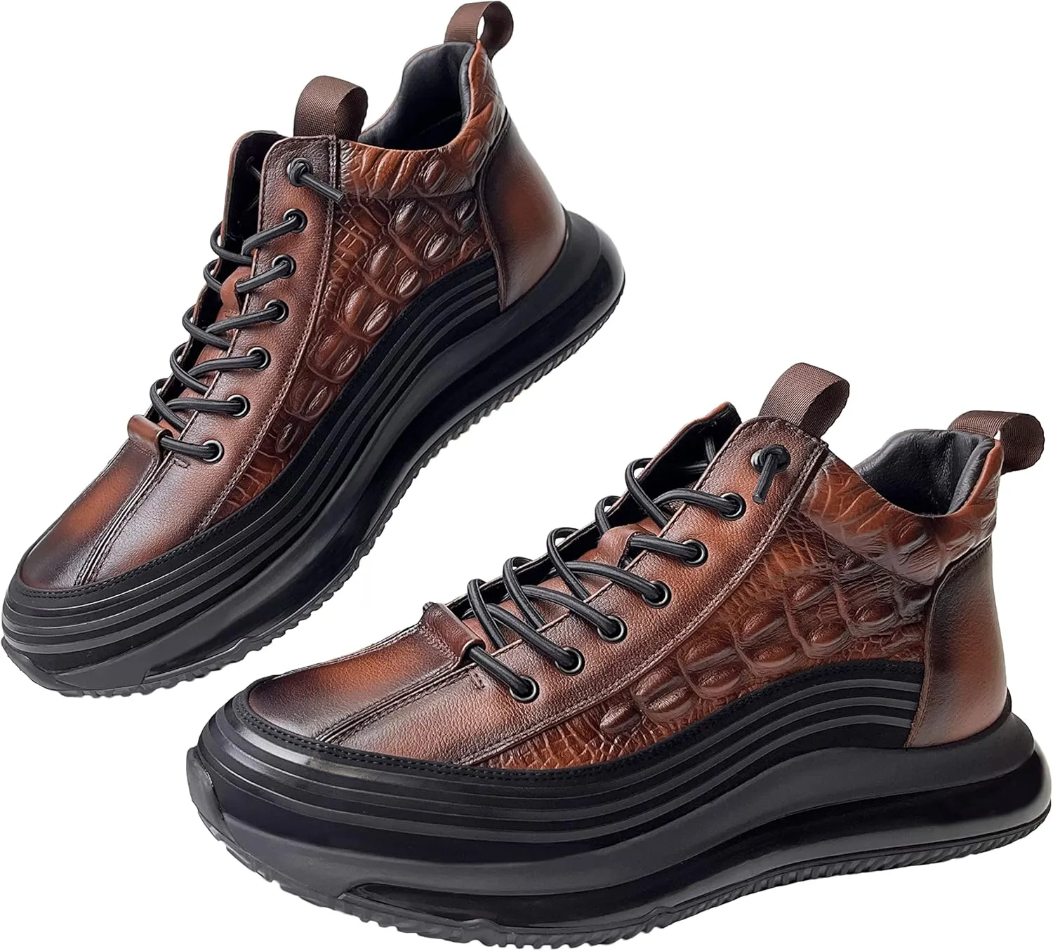 JishinGal Men's Slip-on Leather Sneakers Non-Slip Casual Fashion Height Increasing Cowhide Crocodile Print Sneakers