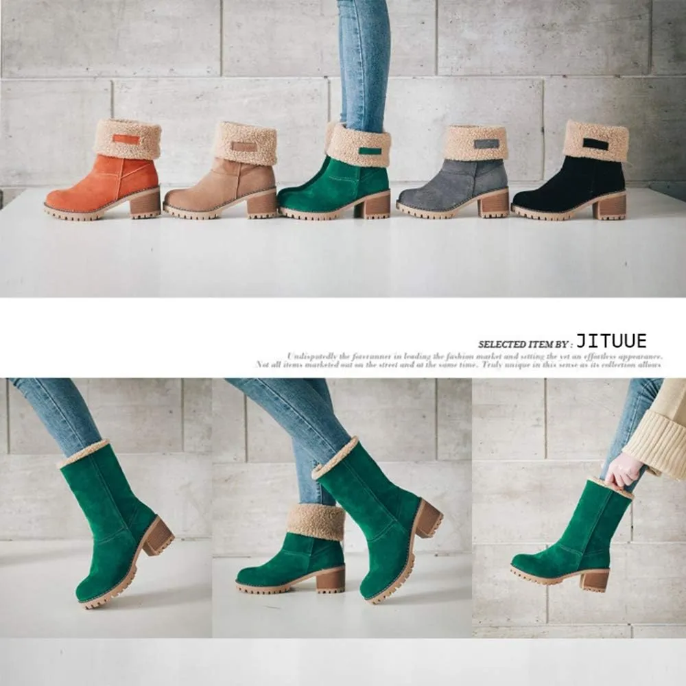JITUUE Winter Snow Boots for Women Mid Heel Ankle Booties Faux Suede Fur Lined Slip-on Shoes