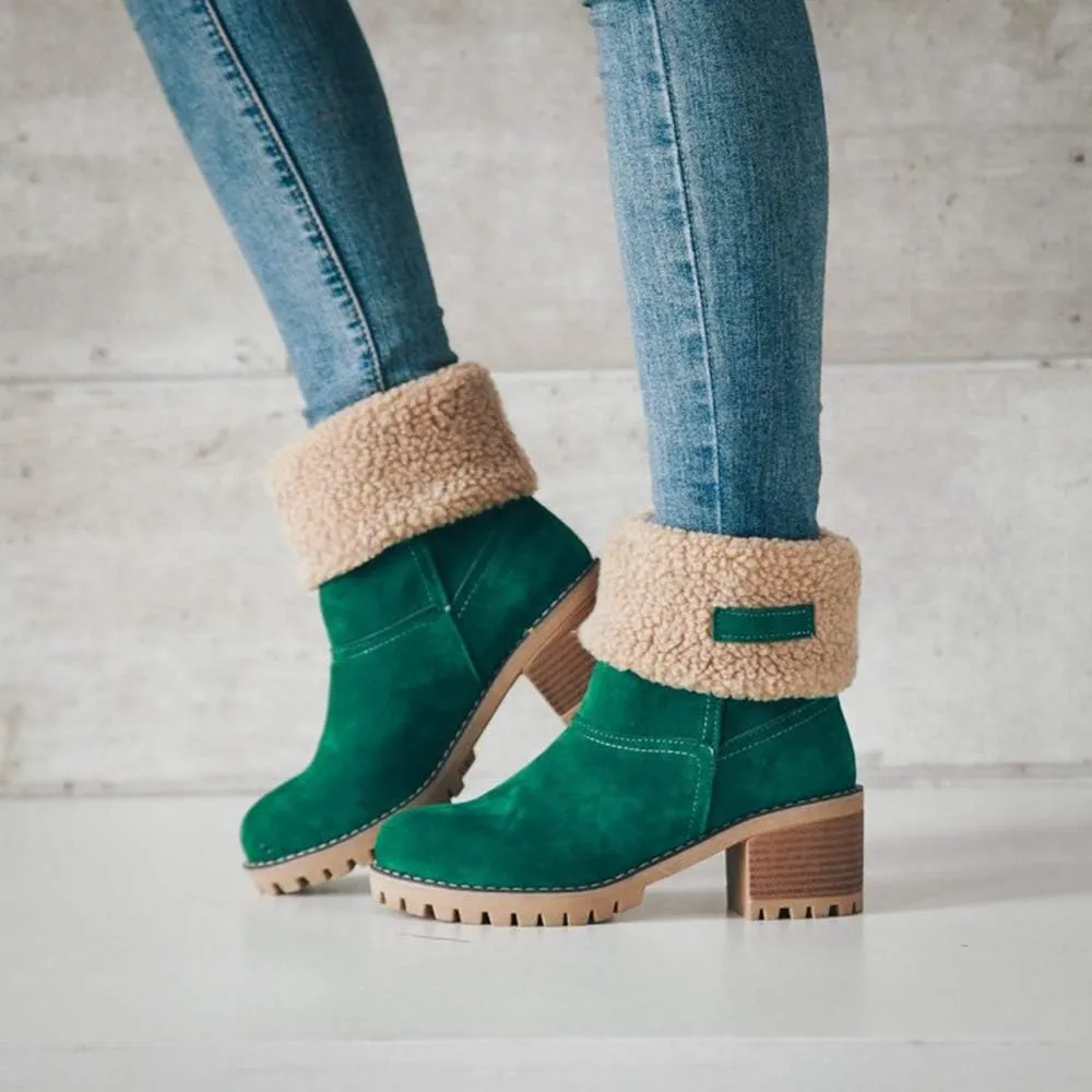 JITUUE Winter Snow Boots for Women Mid Heel Ankle Booties Faux Suede Fur Lined Slip-on Shoes