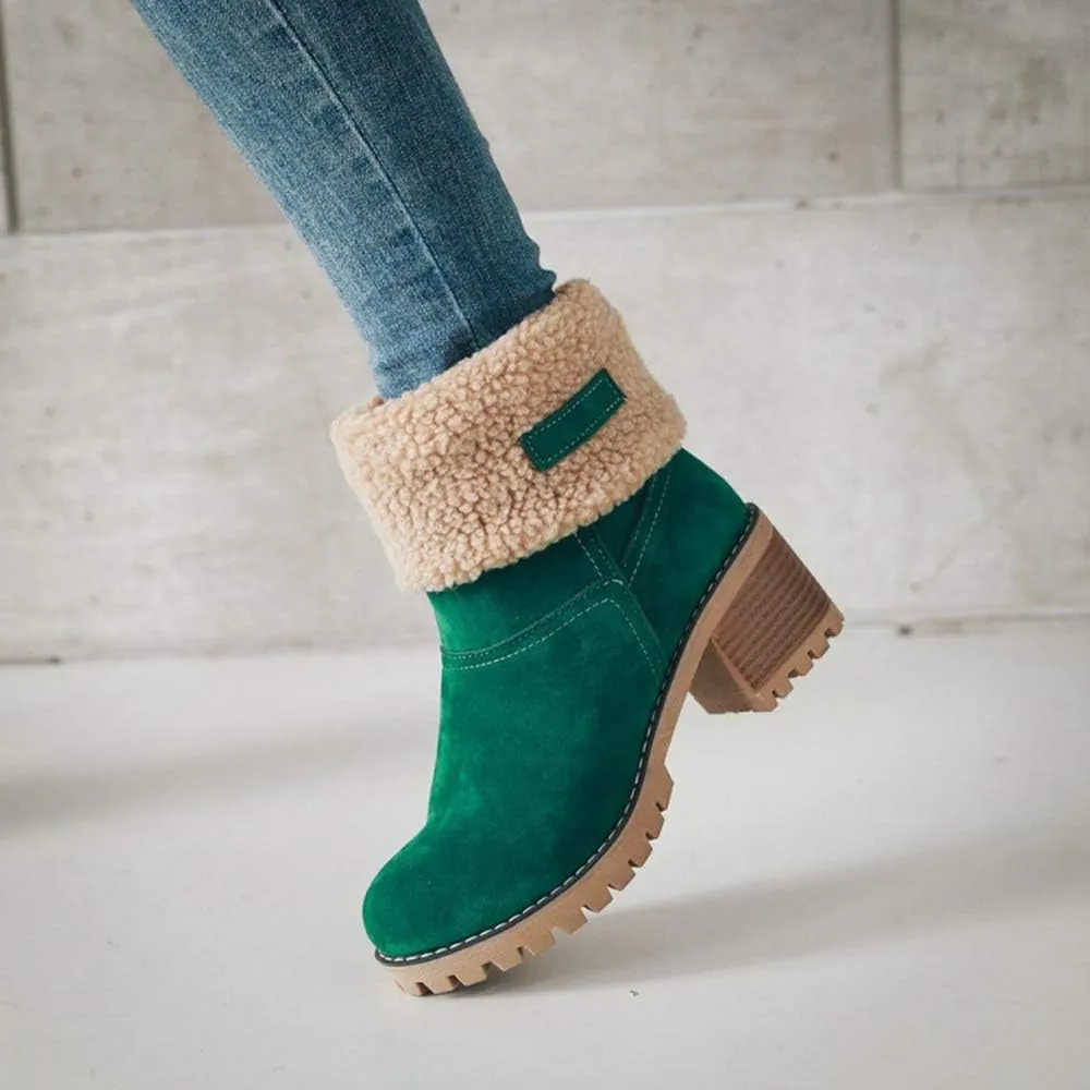 JITUUE Winter Snow Boots for Women Mid Heel Ankle Booties Faux Suede Fur Lined Slip-on Shoes