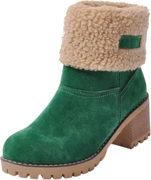 JITUUE Winter Snow Boots for Women Mid Heel Ankle Booties Faux Suede Fur Lined Slip-on Shoes