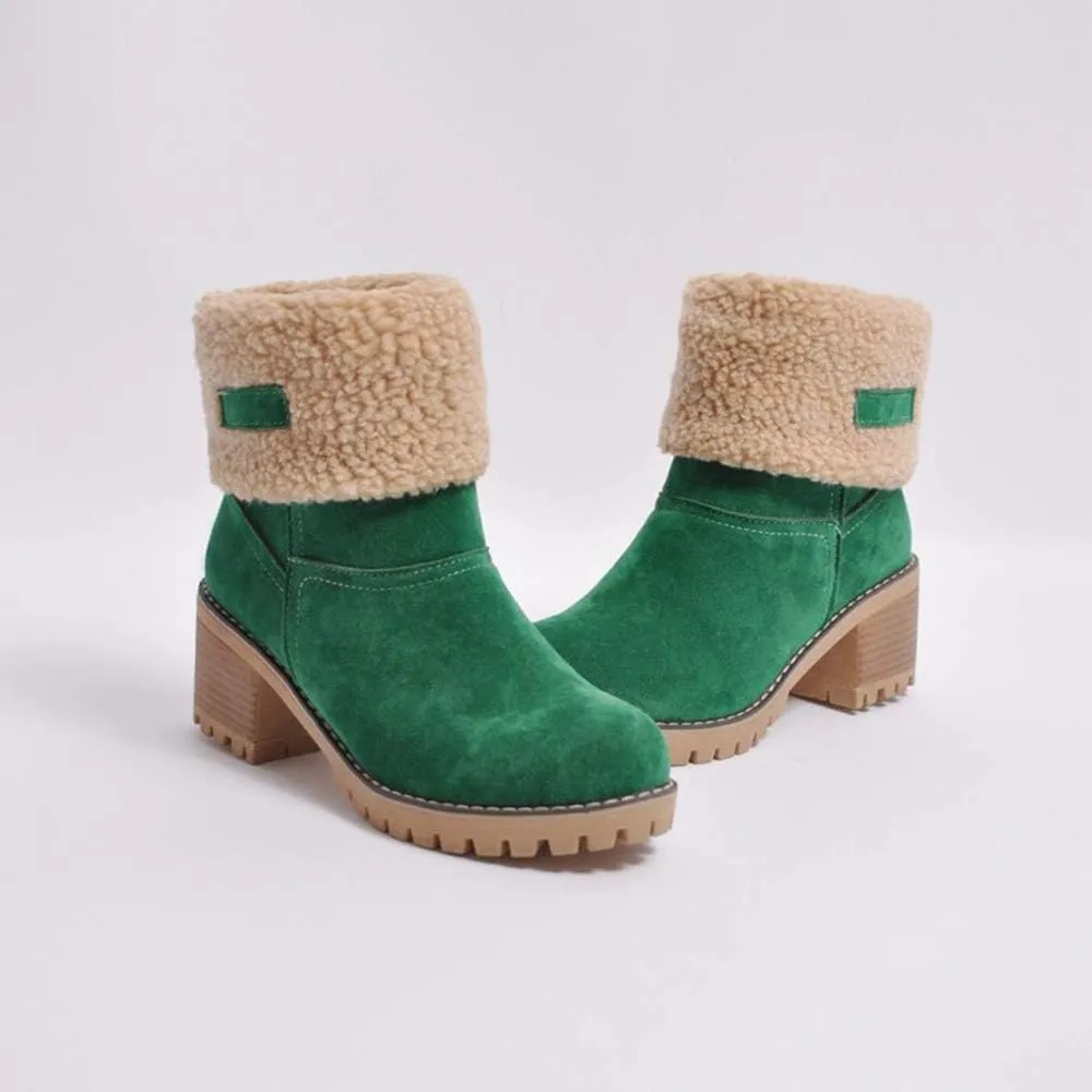 JITUUE Winter Snow Boots for Women Mid Heel Ankle Booties Faux Suede Fur Lined Slip-on Shoes