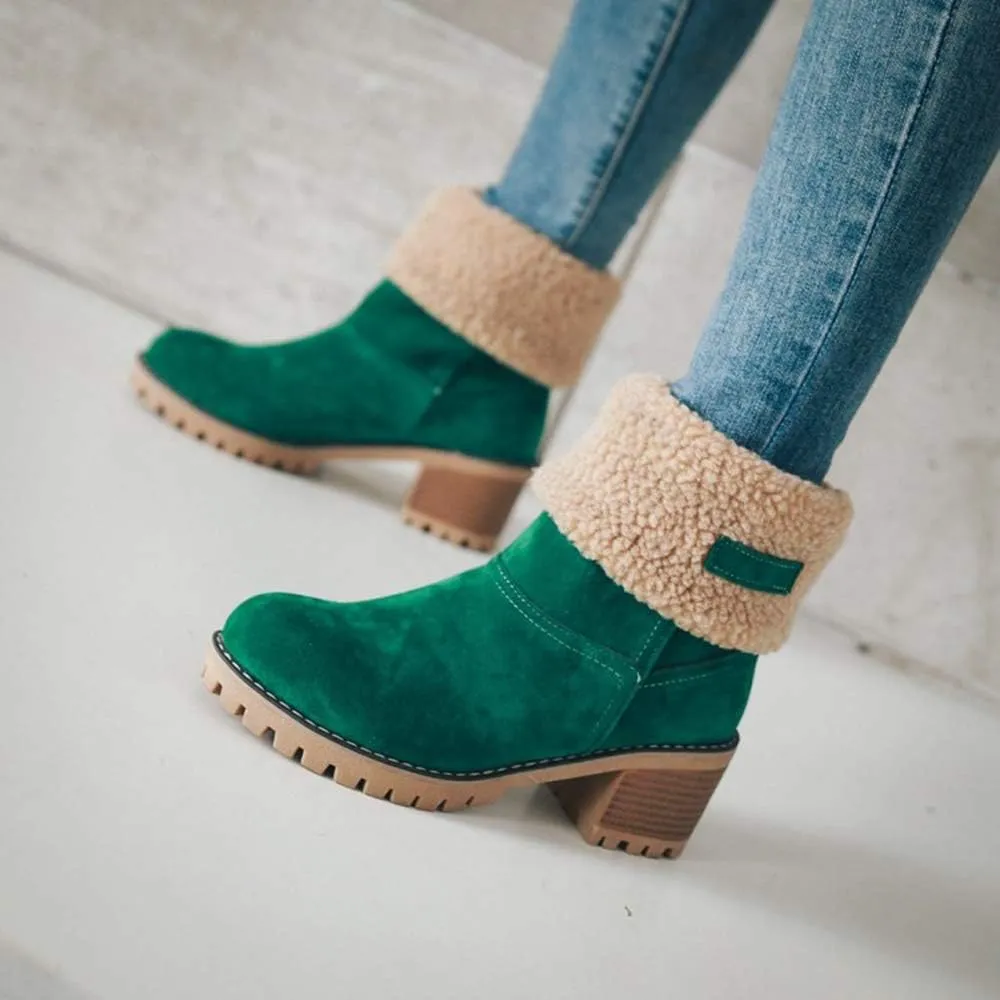 JITUUE Winter Snow Boots for Women Mid Heel Ankle Booties Faux Suede Fur Lined Slip-on Shoes
