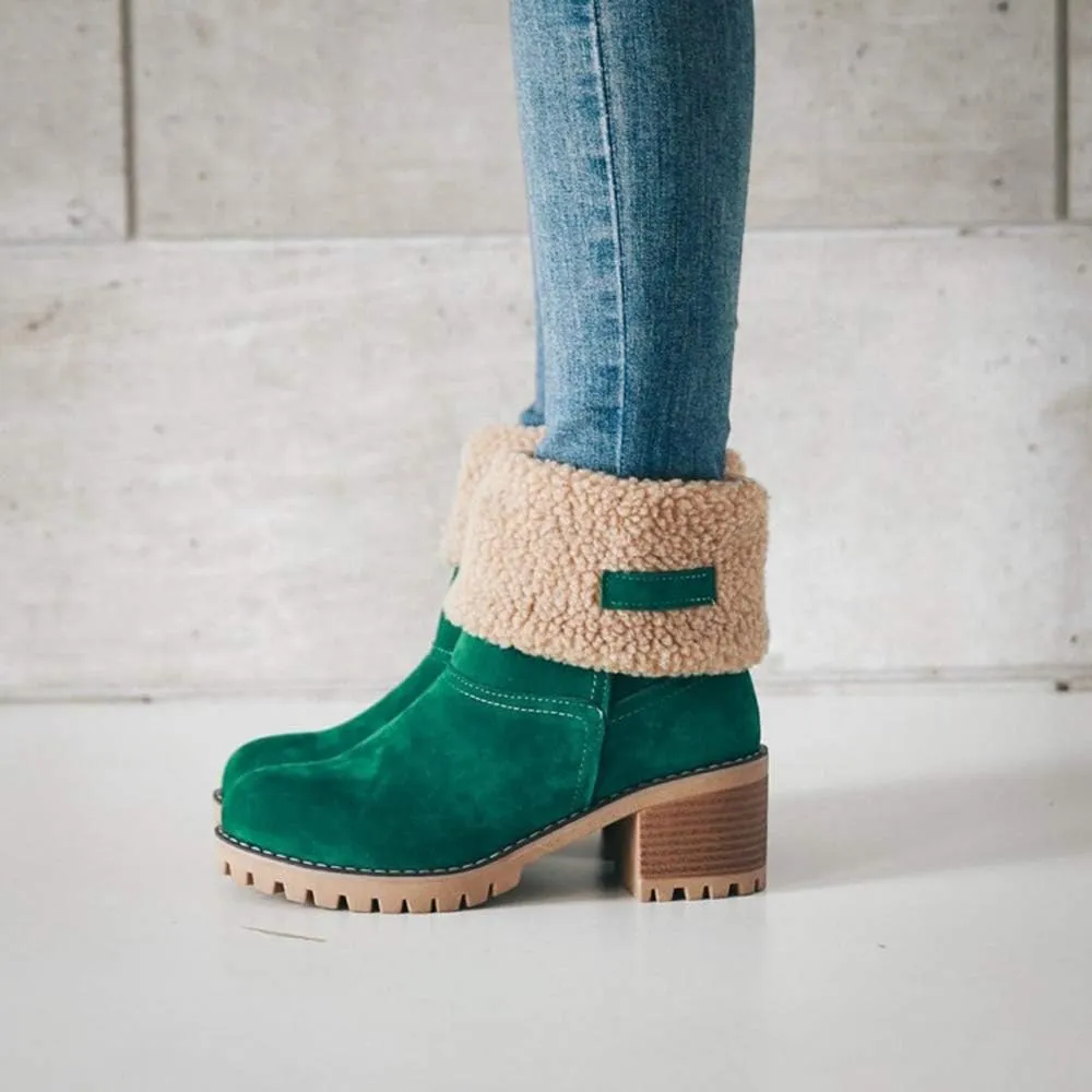 JITUUE Winter Snow Boots for Women Mid Heel Ankle Booties Faux Suede Fur Lined Slip-on Shoes