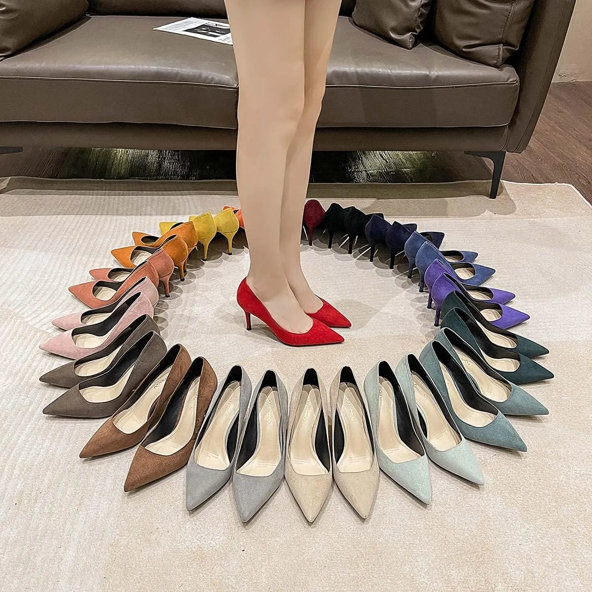 JOEupin Women's Pointed Toe Pumps Classic Suede Shoes Mid Heel Slip On Dress Pumps 3.15 Inch