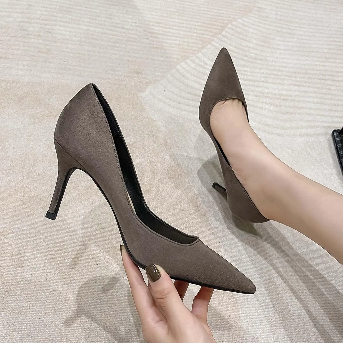 JOEupin Women's Pointed Toe Pumps Classic Suede Shoes Mid Heel Slip On Dress Pumps 3.15 Inch