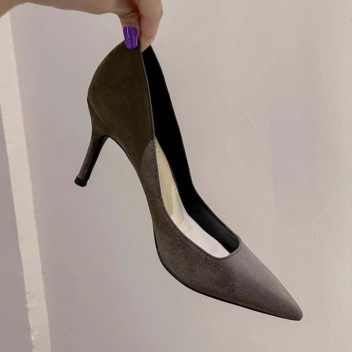 JOEupin Women's Pointed Toe Pumps Classic Suede Shoes Mid Heel Slip On Dress Pumps 3.15 Inch