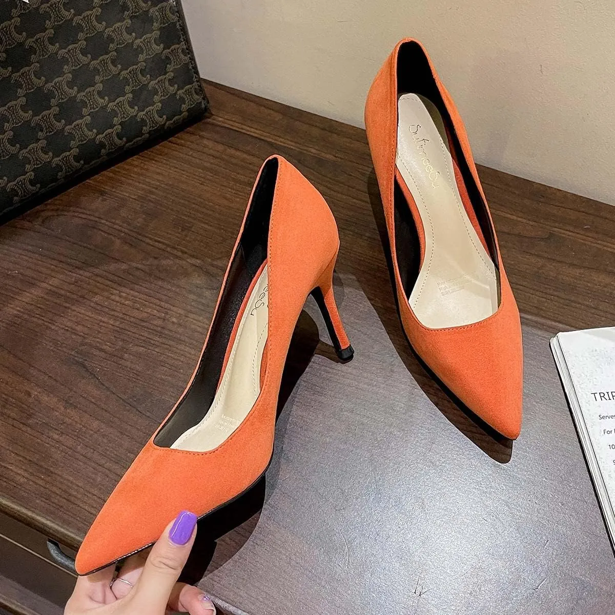 JOEupin Women's Pointed Toe Pumps Classic Suede Shoes Mid Heel Slip On Dress Pumps 3.15 Inch