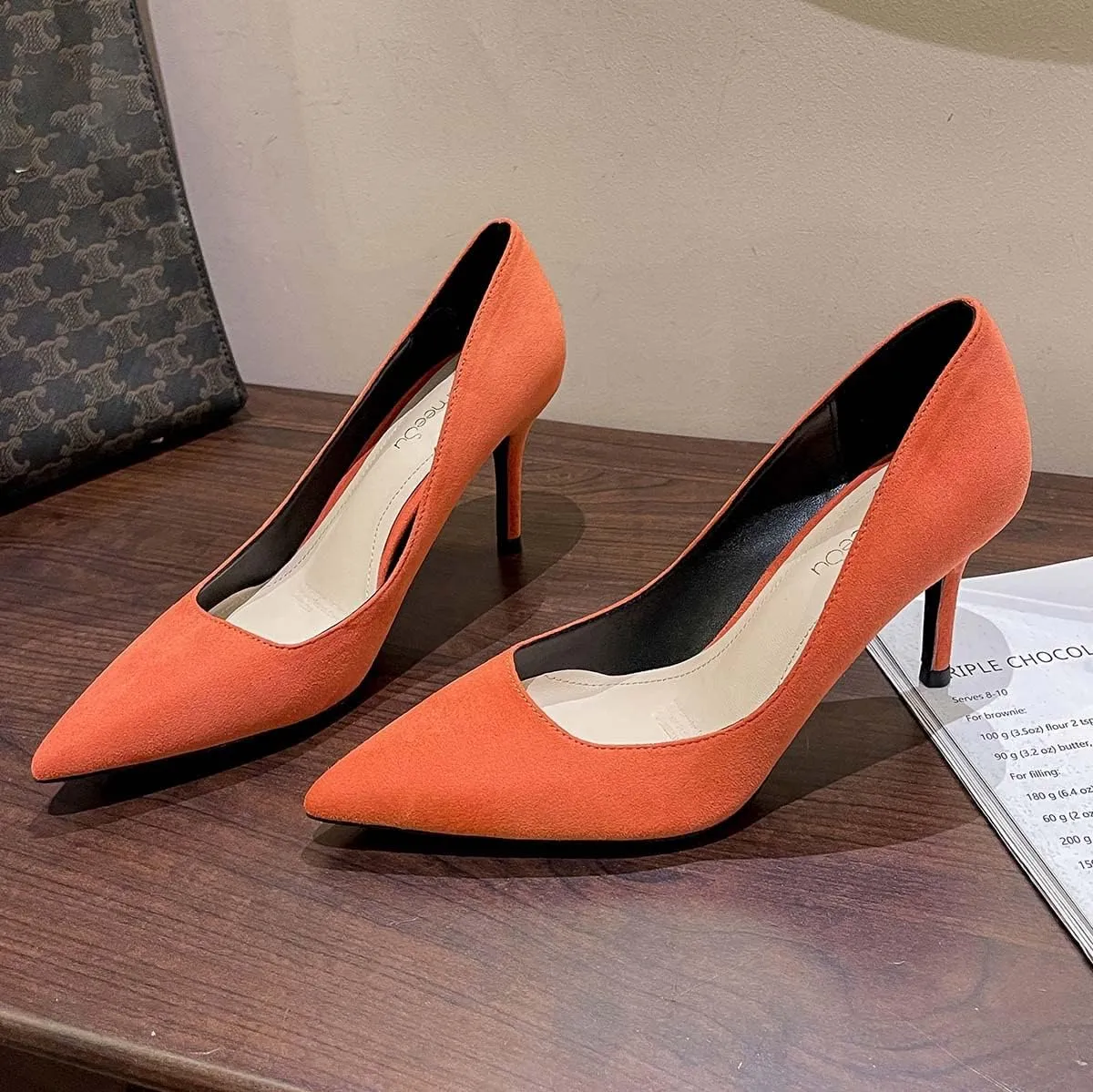 JOEupin Women's Pointed Toe Pumps Classic Suede Shoes Mid Heel Slip On Dress Pumps 3.15 Inch