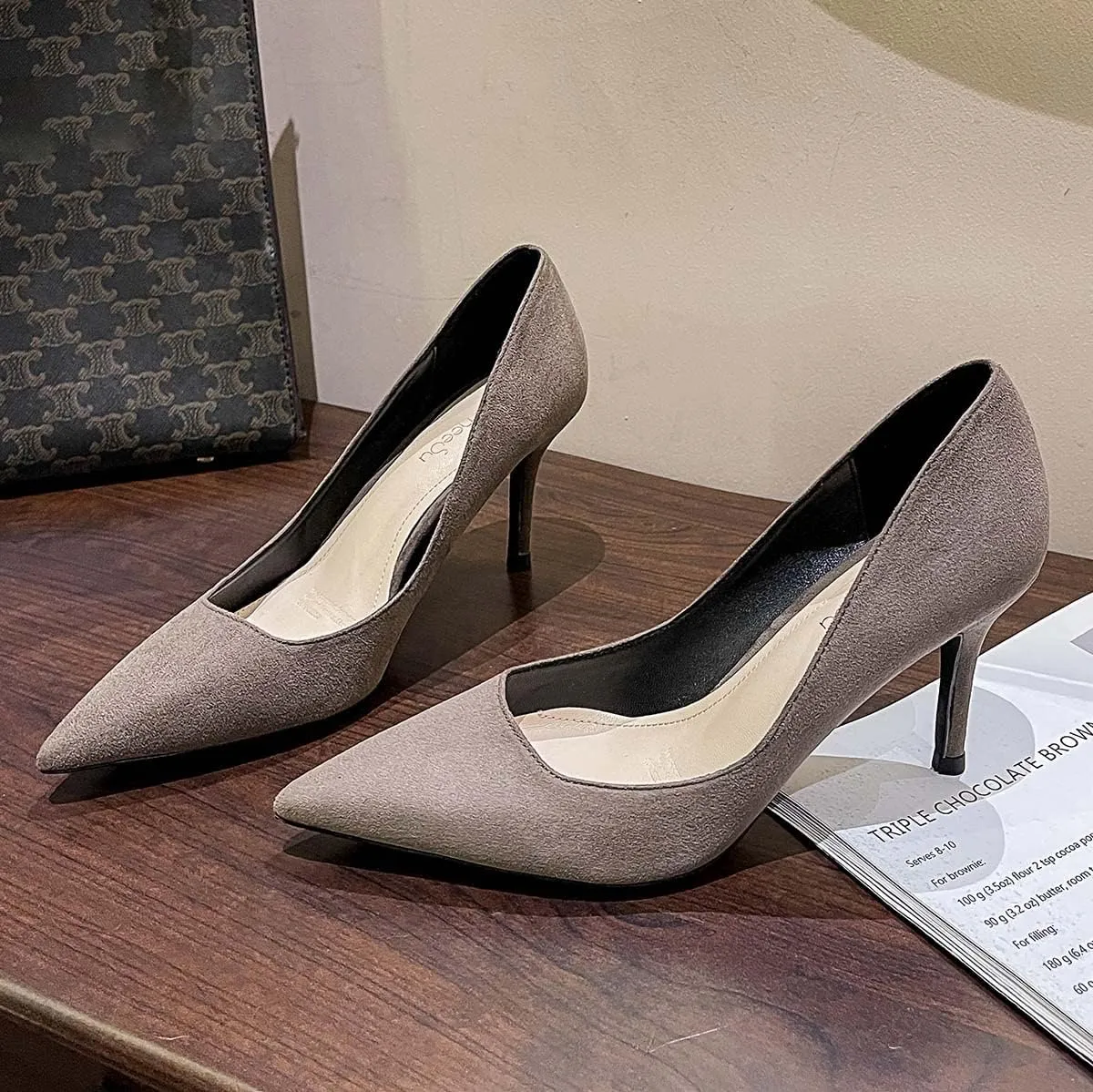 JOEupin Women's Pointed Toe Pumps Classic Suede Shoes Mid Heel Slip On Dress Pumps 3.15 Inch