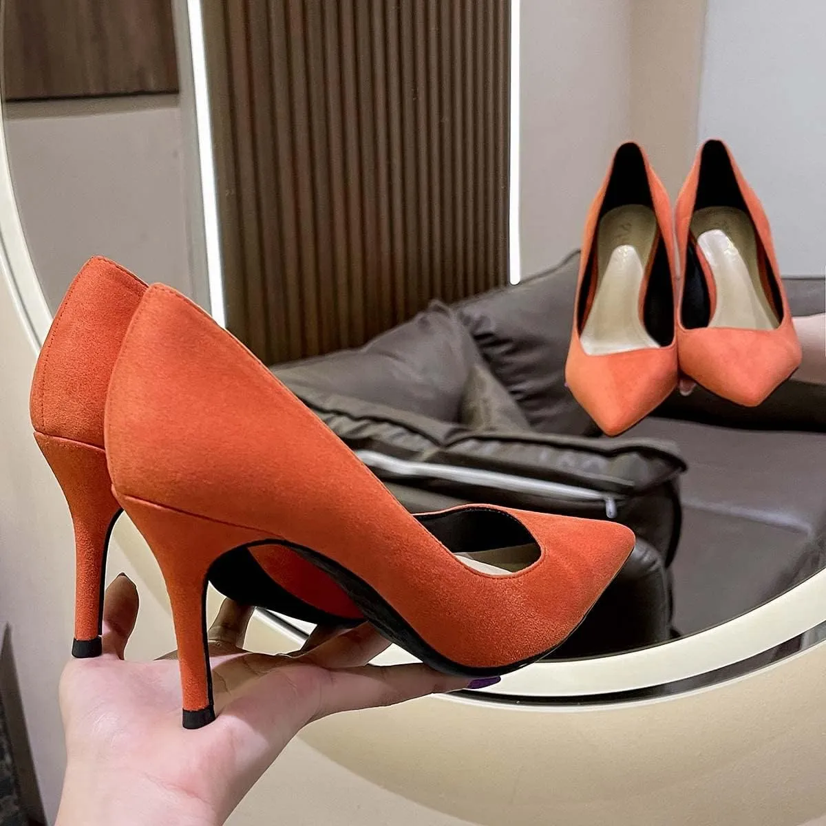 JOEupin Women's Pointed Toe Pumps Classic Suede Shoes Mid Heel Slip On Dress Pumps 3.15 Inch