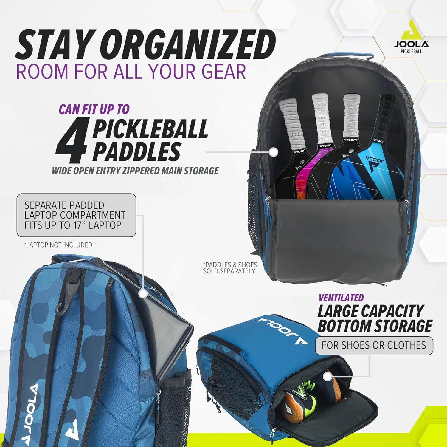 JOOLA Pickleball Bag - Vision II Deluxe Pickleball Backpack - Large Paddle Bag Fits 4 Pickle Ball Paddles & Gear - Includes Fence Hook, Extra Pockets, Ventilated Shoe Storage