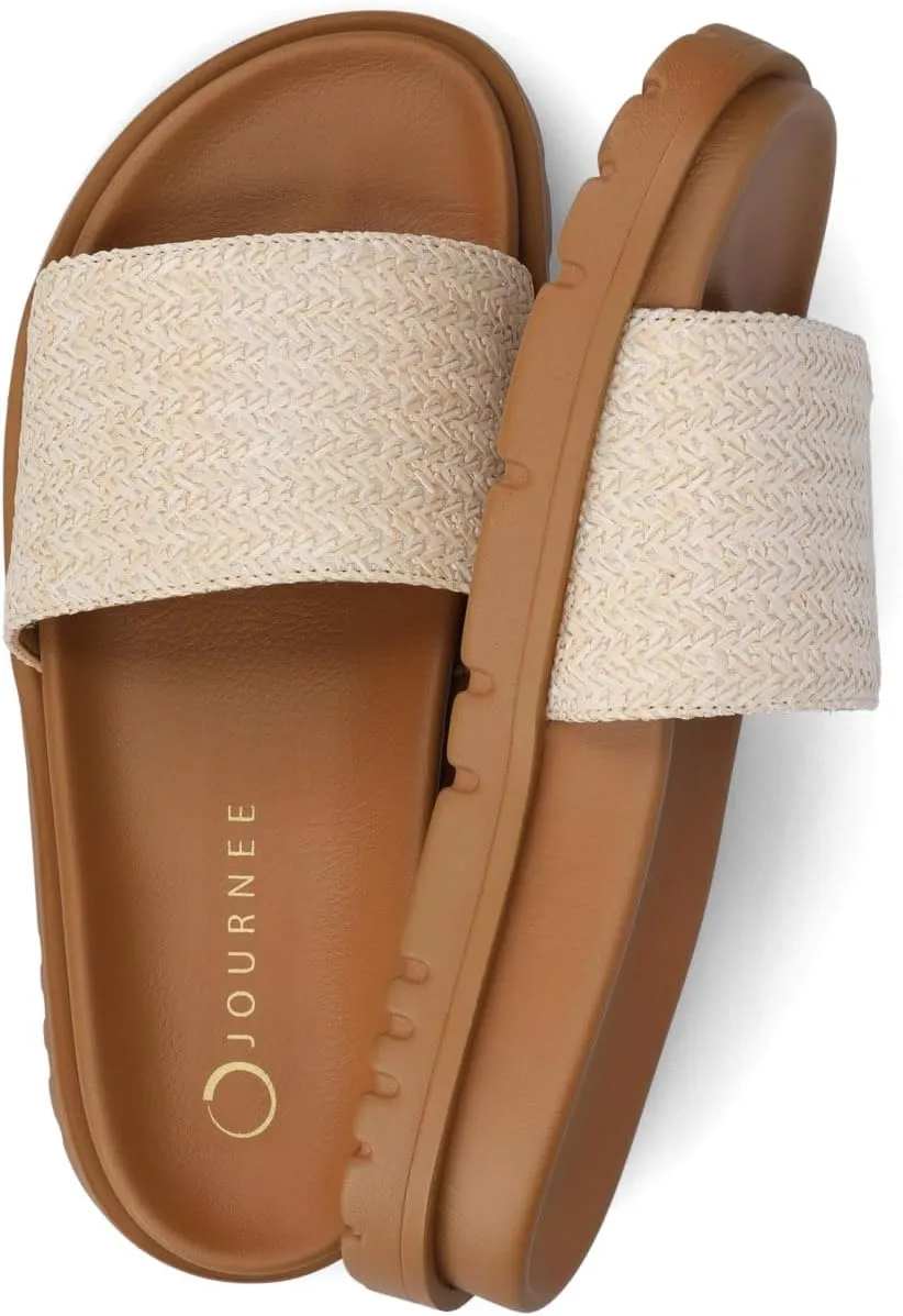 Journee Womens cushioned footbeds Starr slip on sandal open toe textile uppers