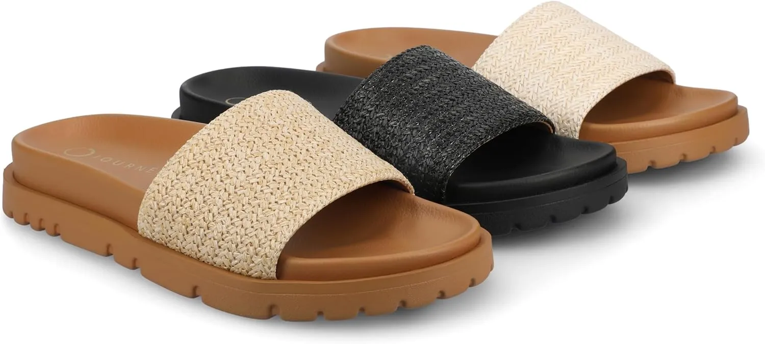Journee Womens cushioned footbeds Starr slip on sandal open toe textile uppers