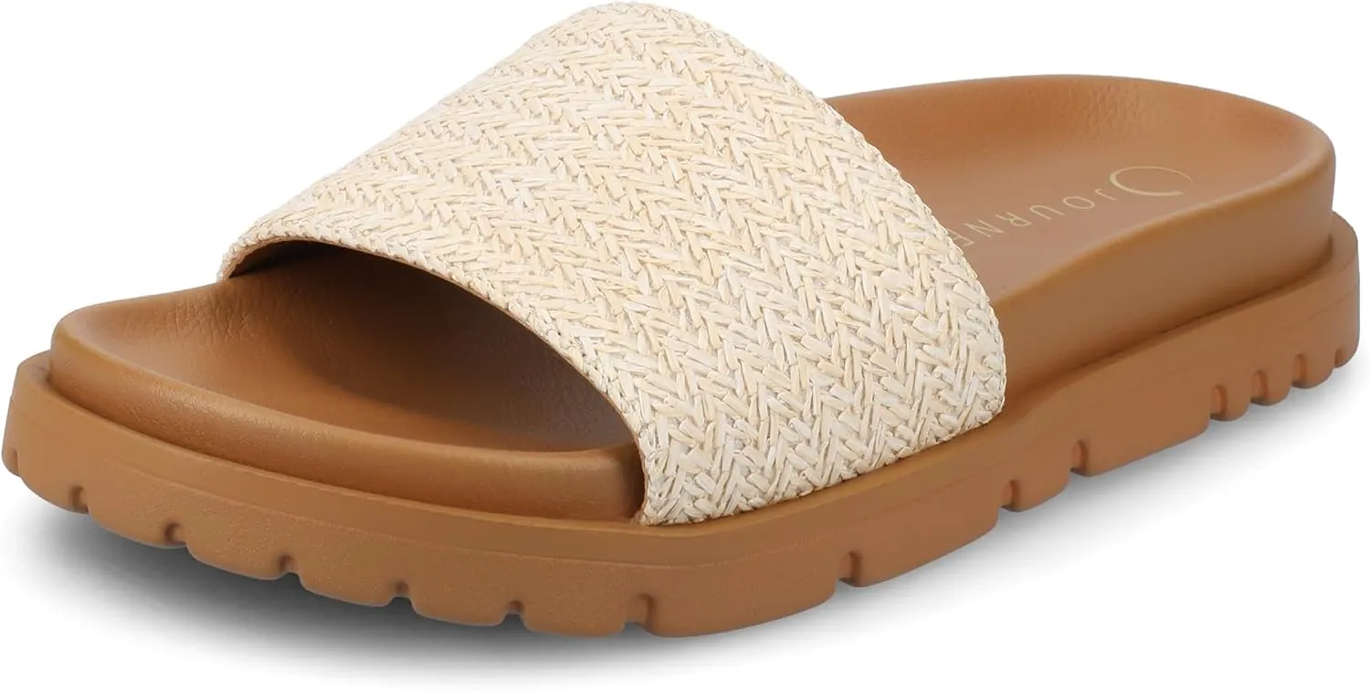 Journee Womens cushioned footbeds Starr slip on sandal open toe textile uppers