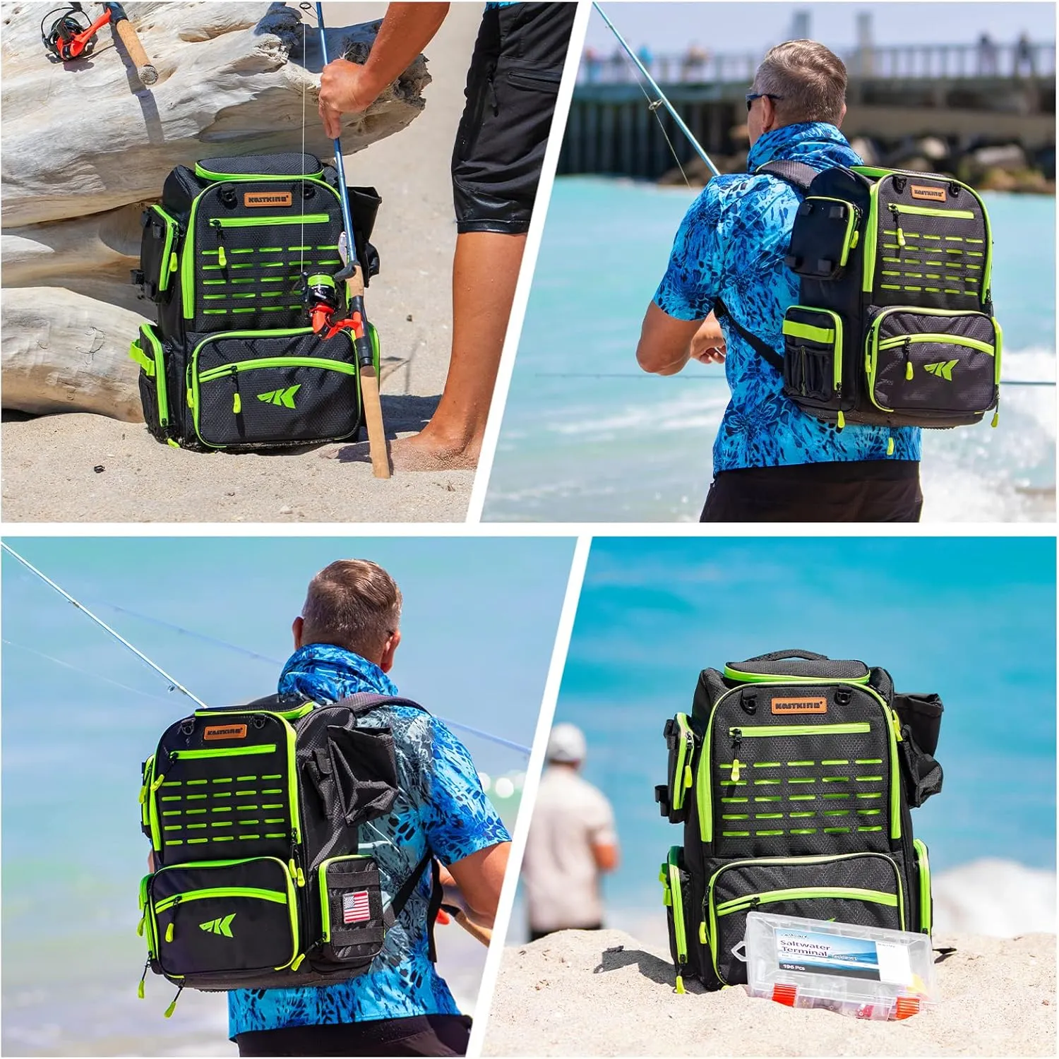 KastKing Bait Boss Fishing Tackle Backpack with Rod Holders-4 Tackle Boxes-Rain Cover,43L Large Storage for Fishing Gear
